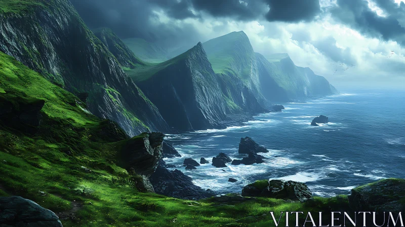 Towering Basalt Coastal Formations with Verdant Foreground and Atmospheric Stratification