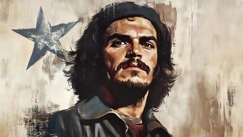 Rebel gaze beneath a weathered star of quiet defiance.