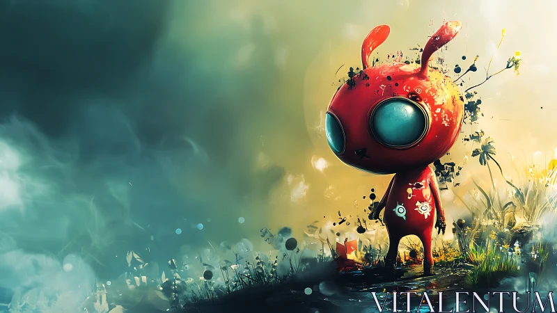 Red alien rabbit character in abstract digital landscape.