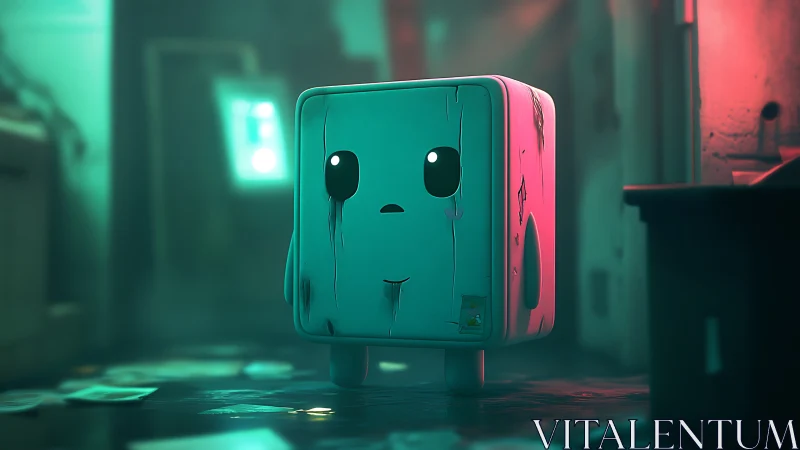 Anthropomorphic cube fridge in neon-lit derelict interior.