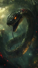 Giant serpent coils through dark forest with glowing eyes