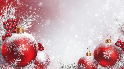 Crimson snowflake baubles resting in a frosted winter hush.