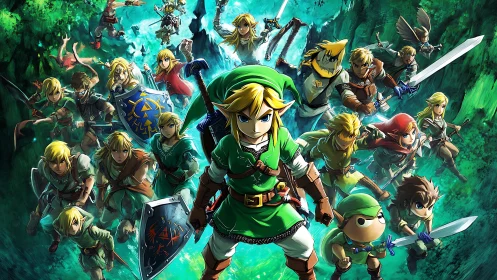 Heroic green-clad warriors charge forward through glowing mists