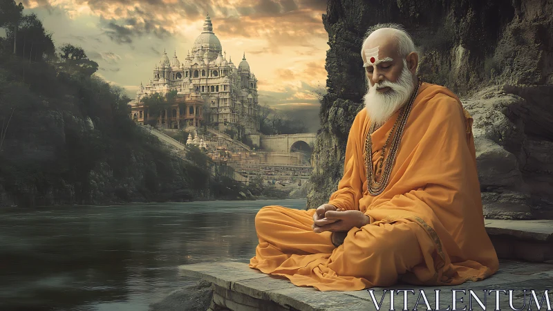 Elderly monk meditates by sacred river below a twilight temple