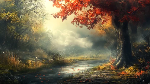 Autumn Forest Stream with Golden Sunlight.