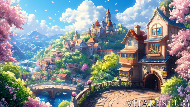 Sunlit fantasy hillside town glows amid cherry blossoms