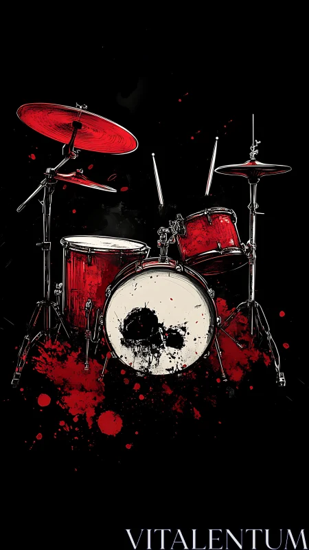 Percussive skull motif on splatter-stained red drum kit.