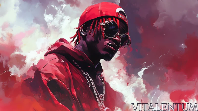 Red streetwear portrait against abstract cloudy sky.