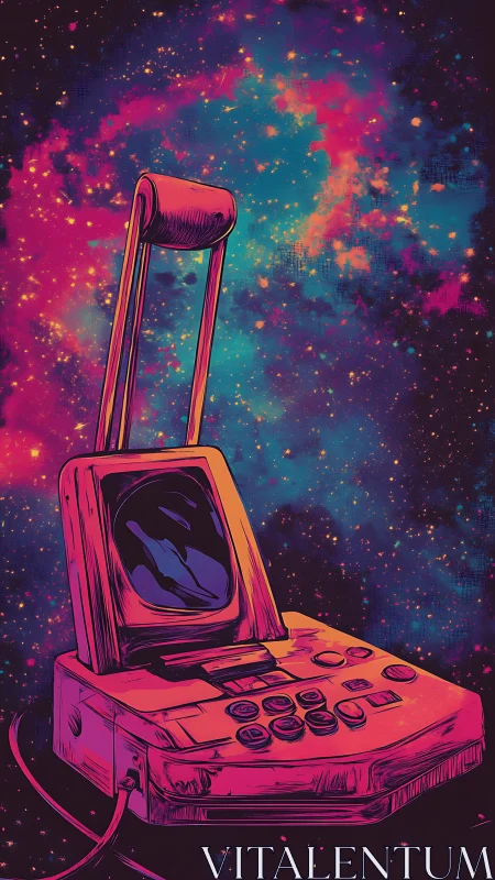 Retro space console humming softly in neon starlight.