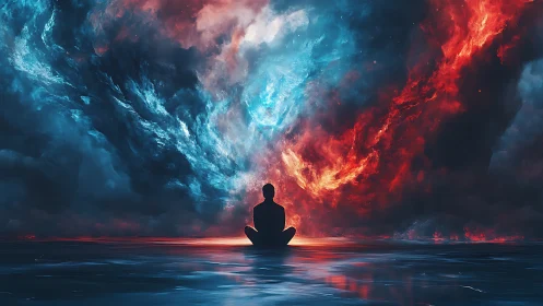 Meditative silhouette contemplates storm of fire and ice.