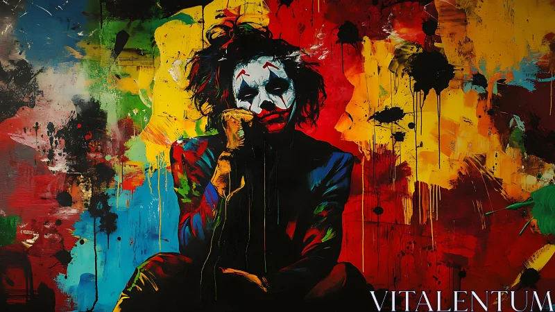 Brooding clown drips through a storm of unruly color fields.