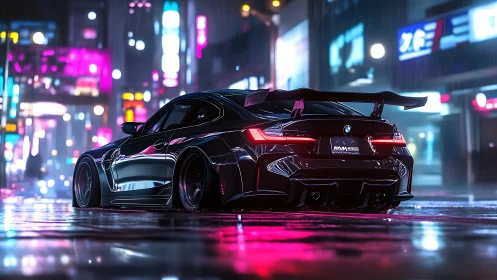 Neon-soaked BMW coupe in rain-slick cyber-urban streetscape.