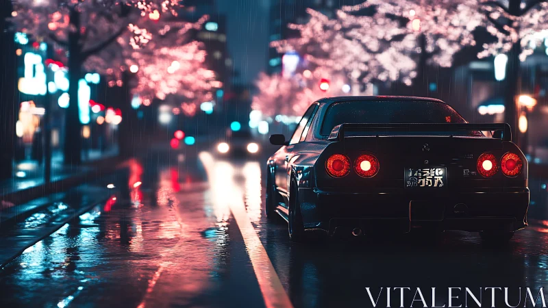 Sporty coupe cruising under soft neon and cherry blossoms.