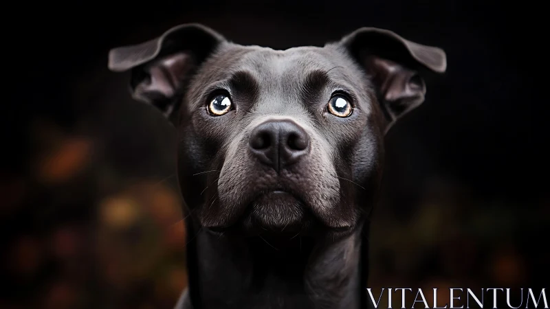 Portrait of an attentive black dog against dark background.