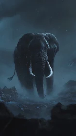 Elephant strides through stormy mist in dark rocky landscape