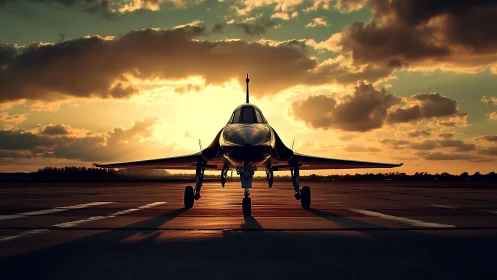 Sleek jet aircraft parked on runway at dramatic sunset.