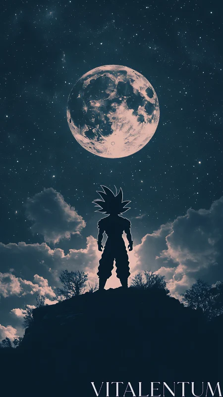 Silhouetted spiky-haired warrior stands under full moon.