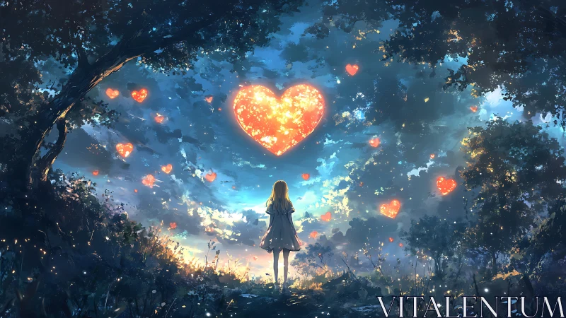 Girl observes luminous heart shapes in a twilight forest