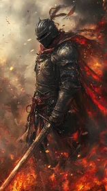 Digital painting of a fire-forged dark knight in emberscape.