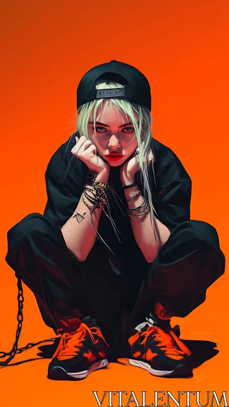 Chromatic streetwear portrait under saturated orange field.