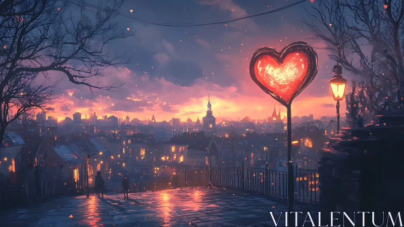 Glowing Heart Over a City at Sunset.