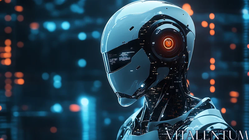 Neon sentient android listening to the heartbeat of data.