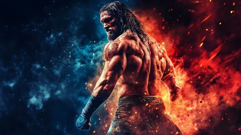 Digital painting of warrior in dynamic fire and ice contrast.