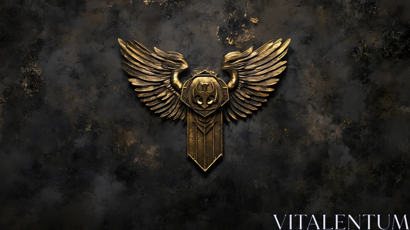 Winged war sigil forged in burnished gold against shadowed stone.