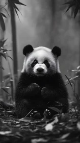 Monochrome juvenile panda portrait in misty bamboo grove.