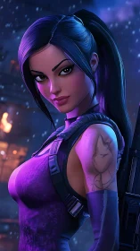 Neon vigilante with violet armor eyes the stormy skyline.