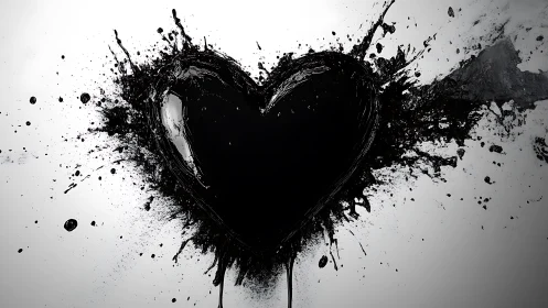 Heart shape rendered with black paint splatter technique on white background