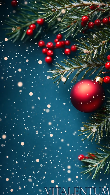 Red ornament and fir branches are arranged against blue background