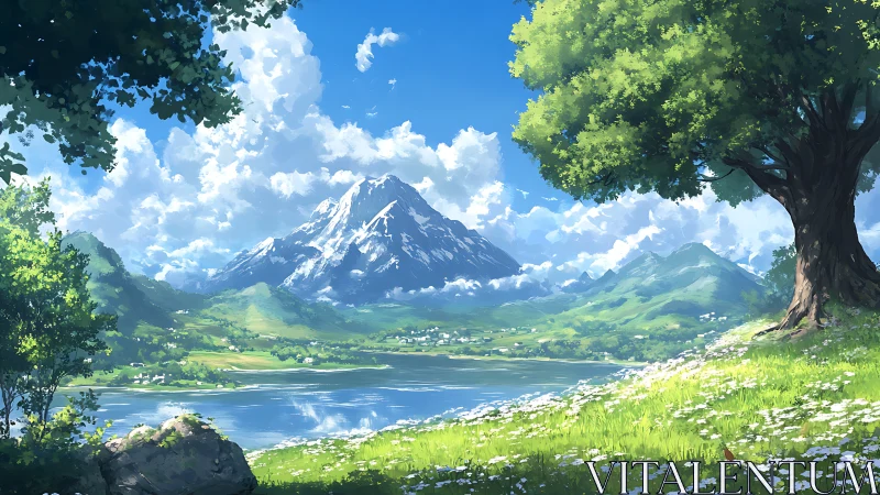 Lush lakeside valley under towering snowcapped mountain.