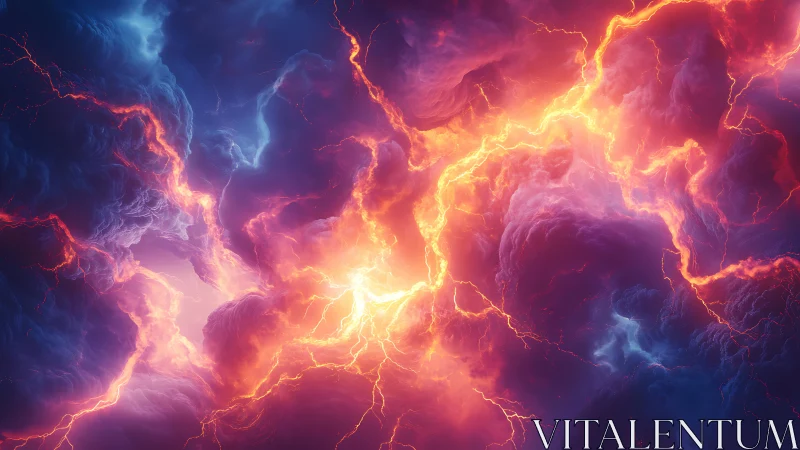 Volumetric storm clouds split by incandescent plasma fissures