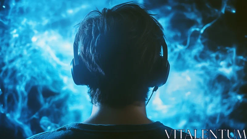 Headphoned dreamer drifts inside electric blue soundstorm.