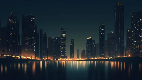 Nocturnal skyline rendered with luminous waterfront reflections.