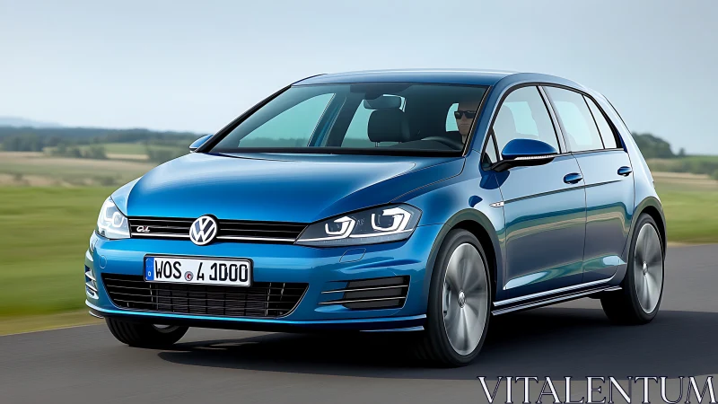 Blue hatchback in motion on rural highway with soft daylight.