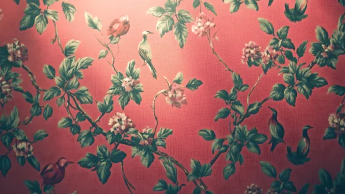 Floral chinoiserie birds pattern rendered on coral ground