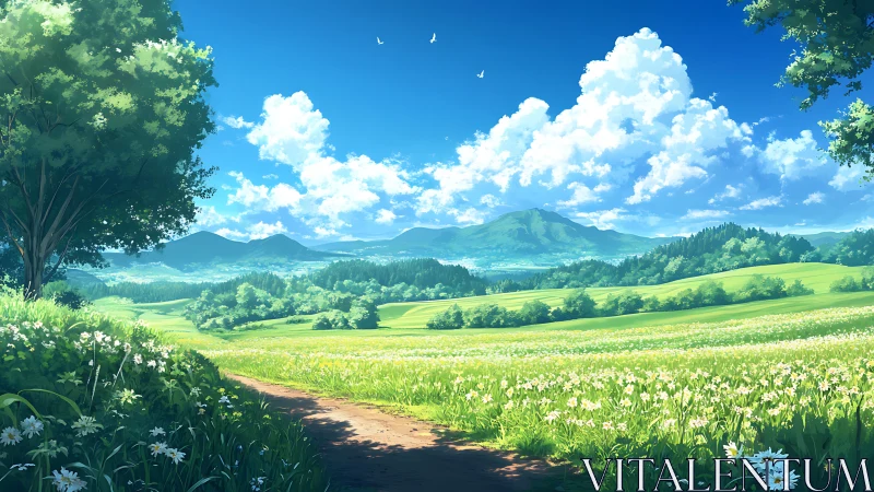 Sunlit floral meadow path with distant blue mountains.