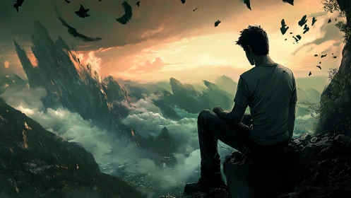 Solitary dreamer studies storm-carved mountains of cloudfire