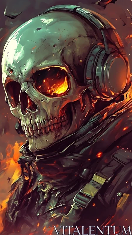 Inferno-headed shock trooper in molten combat headphones.