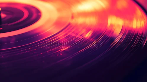 Glowing vinyl record spins under vivid neon light reflections.