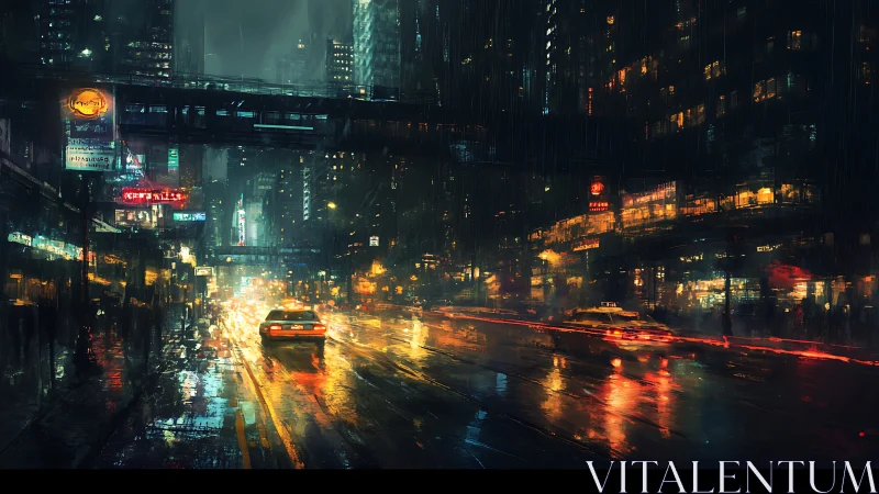 Cyberpunk rain-soaked megacity street with neon taxi trails.