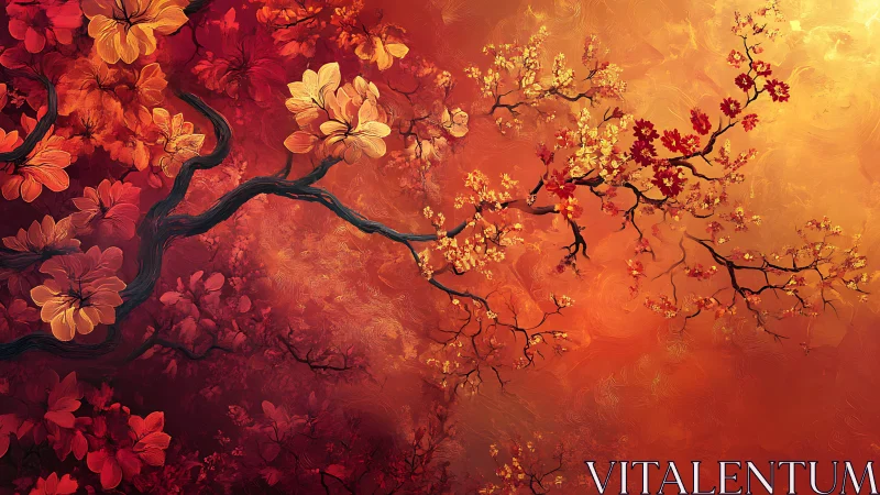 Curved flowering branches cut across a molten orange sky