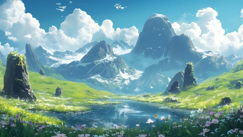 Lush alpine valley and crystal lake beneath towering peaks.