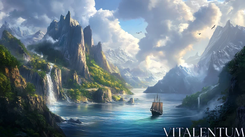 Fantastical Nordic Fjord Valley with Towering Granite Cliffs and Sailing Vessel