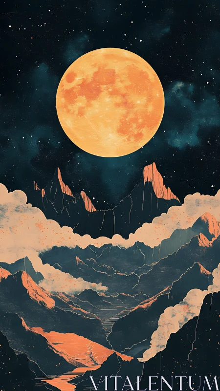 Large full moon above layered mountains and clouds at night.