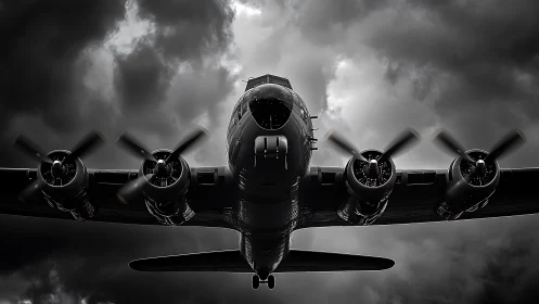 Vintage propeller plane soaring through dramatic storm clouds.