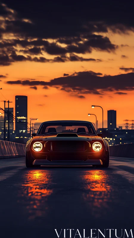 Sunset muscle car prowls the neon-laced urban highway.