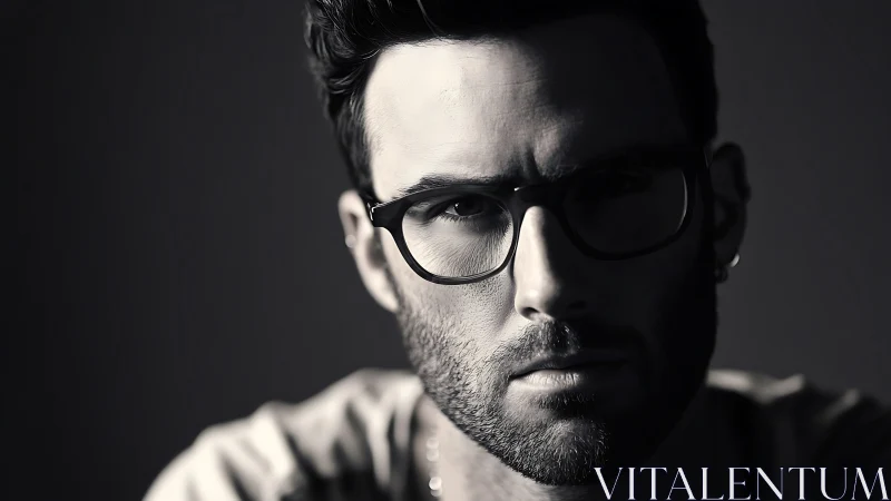 Monochrome close-up portrait of a man wearing glasses